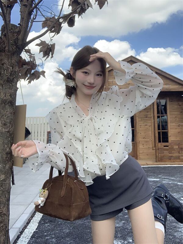 法式荷叶边波点长袖衬衫女秋季新款宽松韩系蝴蝶结系带超好看上衣|undefined