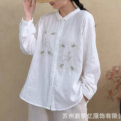 2025早秋新款棉纱刺绣衬衫女文艺时尚翻领长袖宽松开衫衬衣