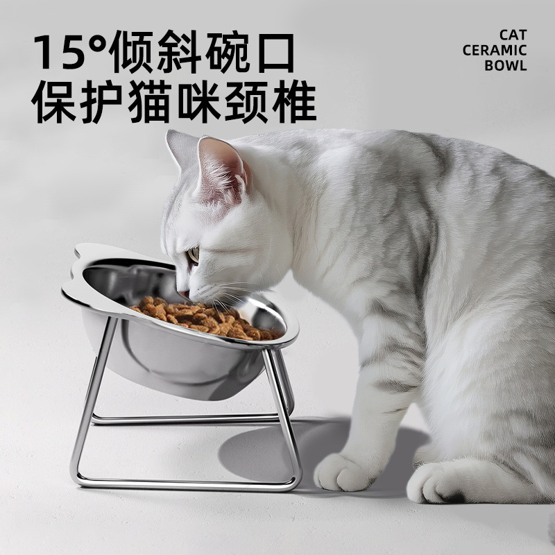 猫碗不锈钢猫食盆猫咪饭碗粮碗喝水碗食碗宠物狗碗斜口碗保护颈椎