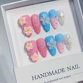 跨境鎏金杏仁甲立体樱花手工点钻美甲片雕花捏捏穿戴甲贴片 美甲