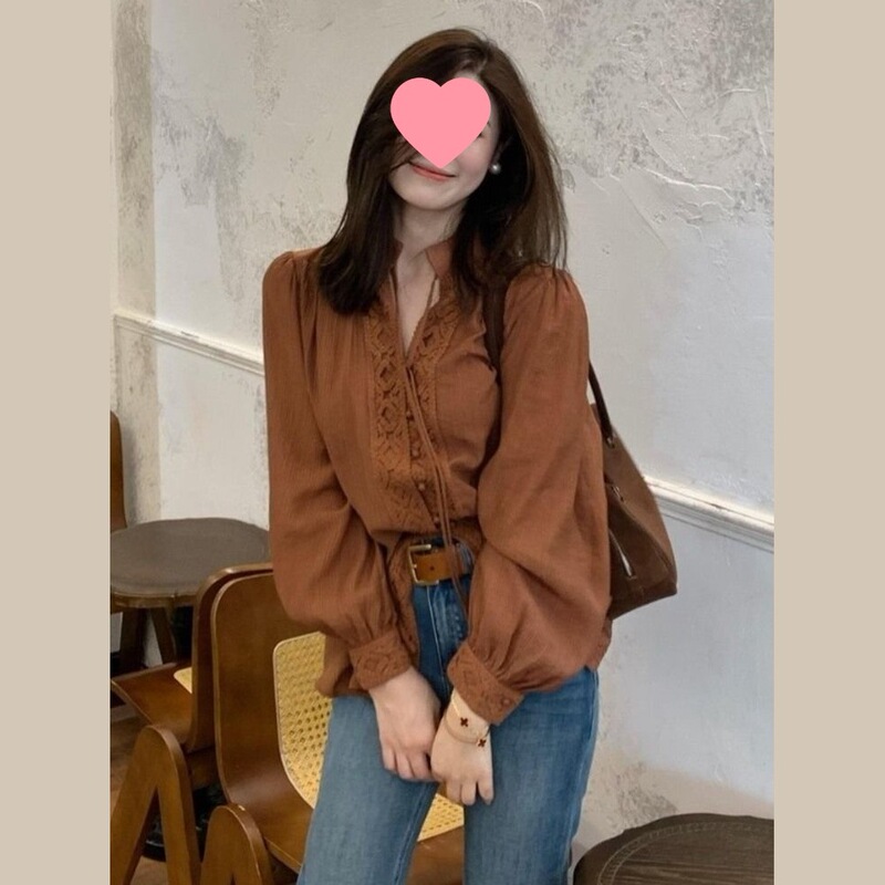 French Chic and Beautiful Design Niche Tops Fashionable Slimming Look Brown Lace Long-Sleeved Shirts for Women 2025 Autumn