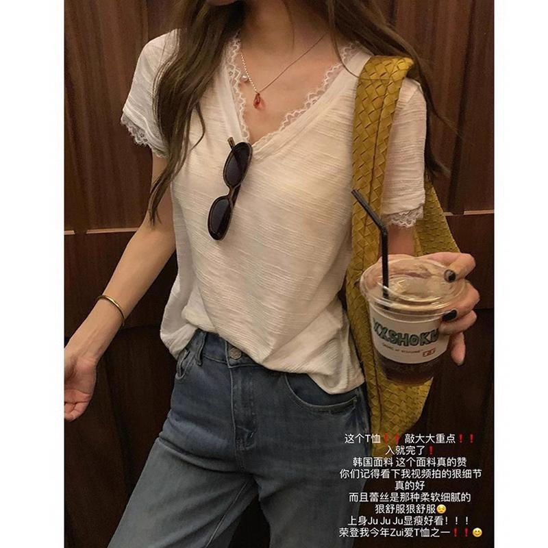 Hand a South Korea fabric lace white short sleeve T-shirt two-color optional