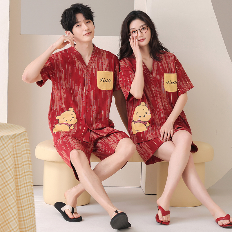 Wedding Couple Pajamas Summer Men's and Women's Cotton Short-sleeved V-neck Casual Cardigan Red Home Clothes suit