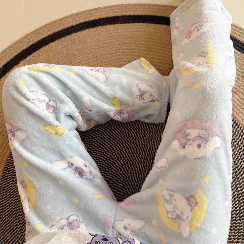 Pantalones de pijama de franela de dibujos animados de otoño y invierno para mujeres con pantalones de lana de coral caliente para estudiantes de lana de invierno para el hogar