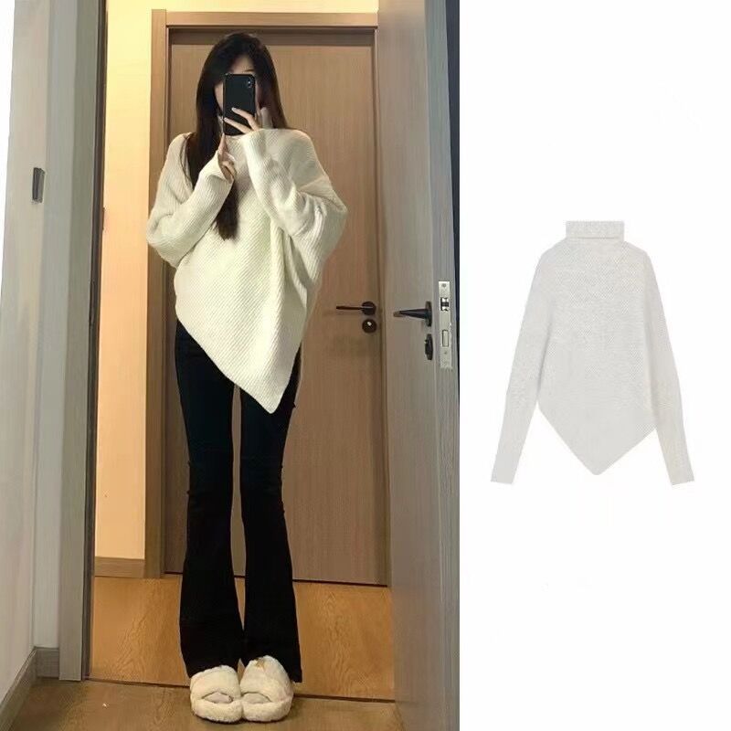 怠惰な風の不規則な高襟セーター2点セット春秋冬高級感塩系軽熟気質ミルク系着