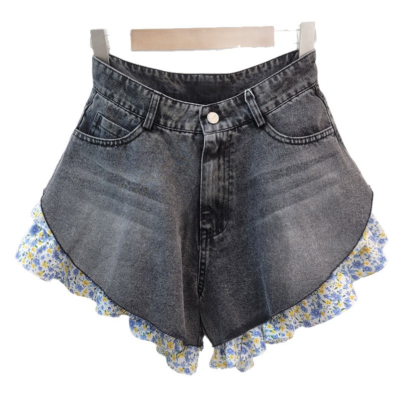 Pantalones Cortos de Mezclilla Anchos de Mezclilla con Empalme de Encaje y Lavado Desgastado