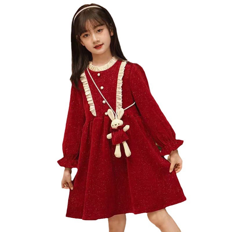 Robe de noël pour filles, nouvelle mode automne/hiver 2023, robe de princesse rouge douce à la mode, ligne a trésor pour femmes_voghion.com