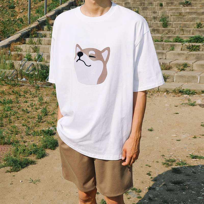 Single New Summer Retro Short-sleeved T-shirt Dog Head Printed Loose Half-sleeved All-match Men's Casual Cartoon Top Single New Summer Retro Short-sleeved T-shirt Dog Head Printed Loose Half-sleeved All-match Men's Casual Cartoon Top
