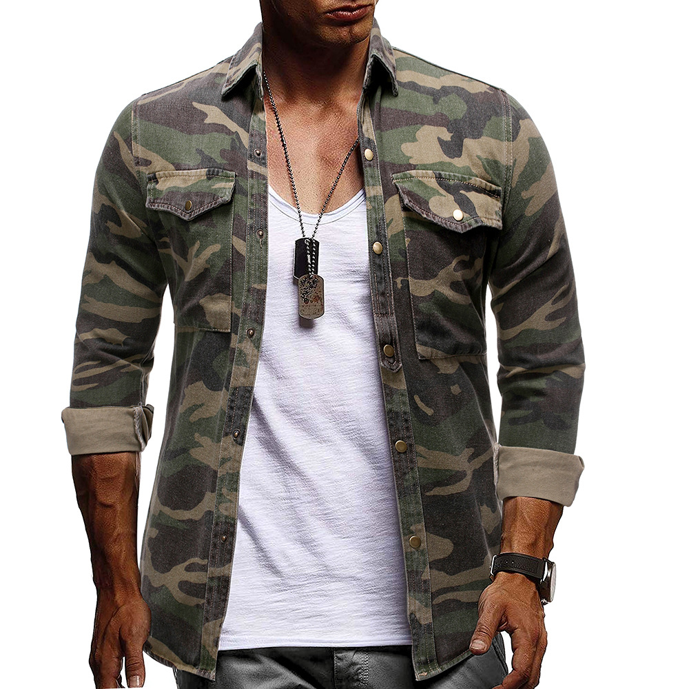 Camicia militare in jeans camouflage a maniche lunghe uomo_voghion.com