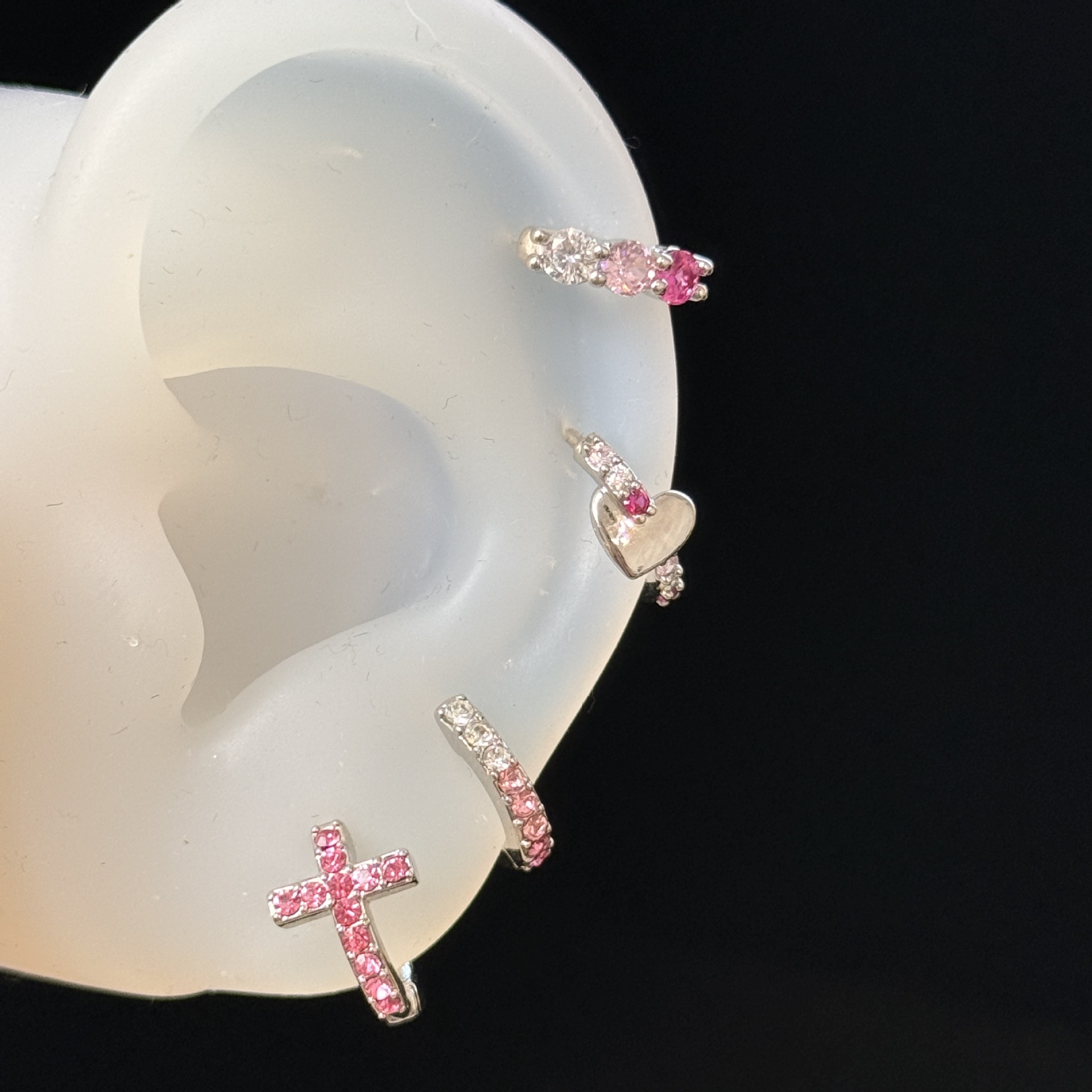 New Fine Rod Straight Needle Ear Cuffs and Ear Hoops with Gradient Three Zircon Stones, Star, Heart, Cross, and Diamond Inlays for Ear Piercing Wholesale