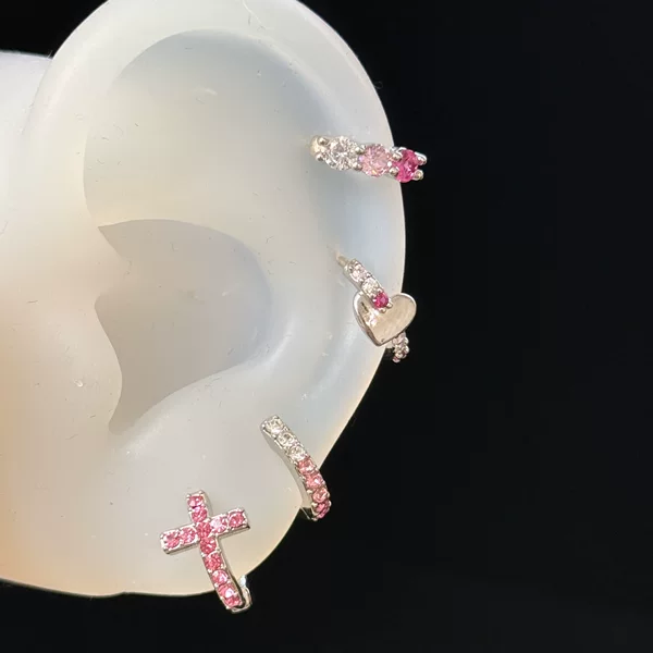 New Fine Rod Straight Needle Ear Cuffs and Ear Hoops with Gradient Three Zircon Stones, Star, Heart, Cross, and Diamond Inlays for Ear Piercing Wholesale