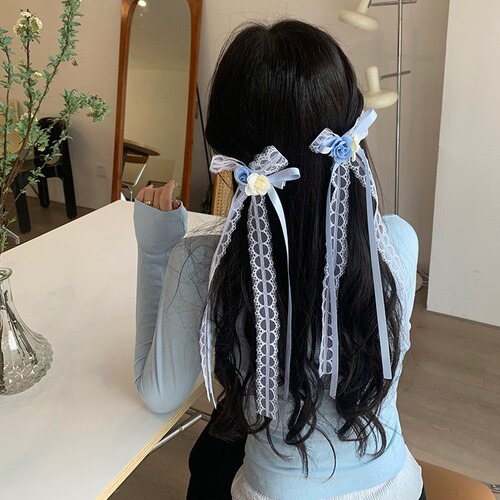 Sweet and cute ribbon bow hair clip double ponytail clip with flowing ribbon braid hair pin forehead clip for young girls, Japanese and Korean hair accessories