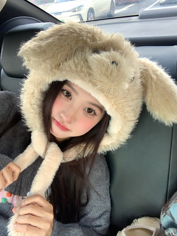 可爱会动耳朵小狗毛绒帽子女秋冬季防寒保暖加厚护耳雷锋帽显脸小|undefined