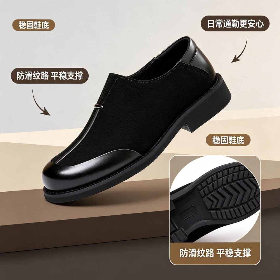 Giày da nam mũi vuông da thật kiểu lười xỏ chân, dễ phối đồ — Màu nâu tây., Thời trang đen