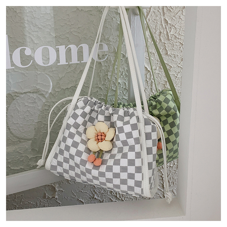 Fashion Plaid Flowers String Tote Bag display picture 2