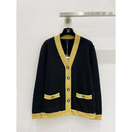 小香 2024冬季新款撞色V领收腰针织开衫女小香风复古上衣外套