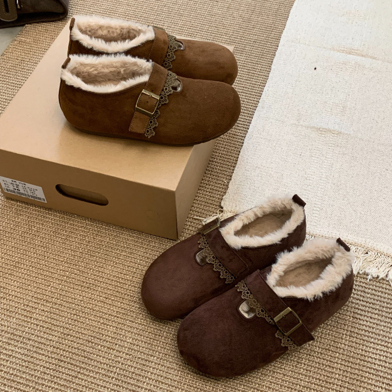 法式绒面加绒丑萌毛毛鞋2025秋冬新款保暖外出必备全包勃肯单鞋