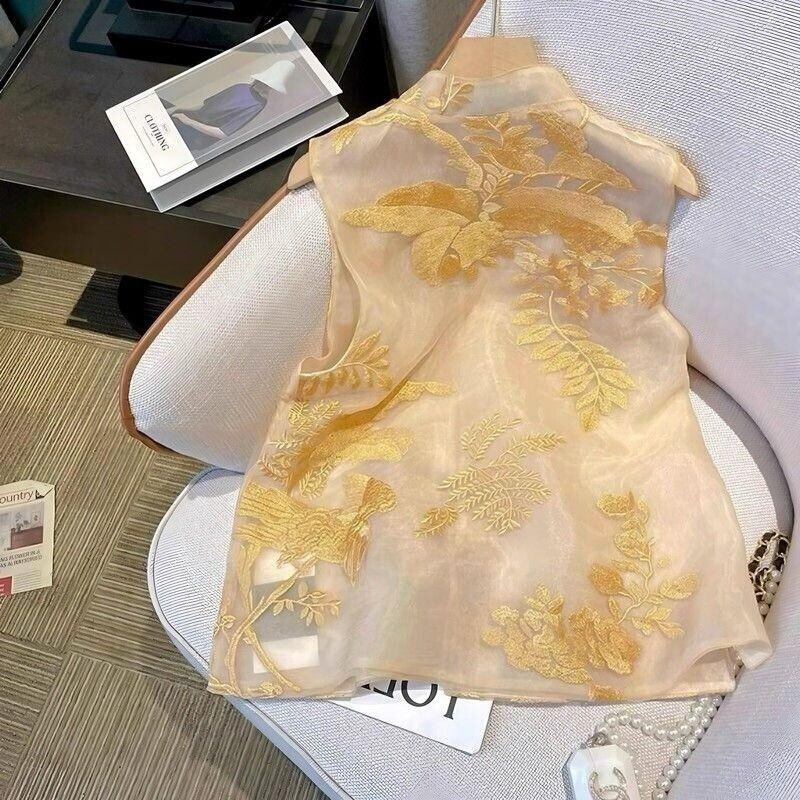 2026 Spring New Chinese Style Women's Vest Fashionable Elegant Heavy Embroidery Stand Collar Organza Retro Traditional Top