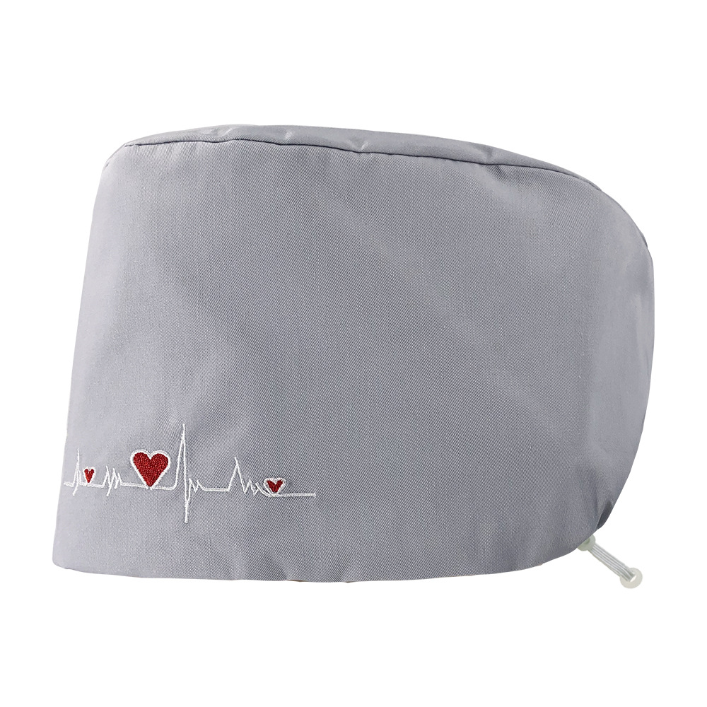 Gorro de enfermera con bordado de ECG de corazón, algodón puro, gorro de trabajo con bordado de color sólido, gorro simple para cabello largo, venta al por mayor.