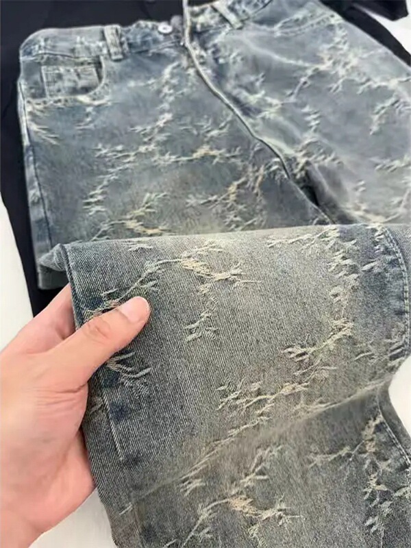 美式复古提花牛仔裤男款四季小众设计感裤子高街vibe直筒微喇长裤|undefined