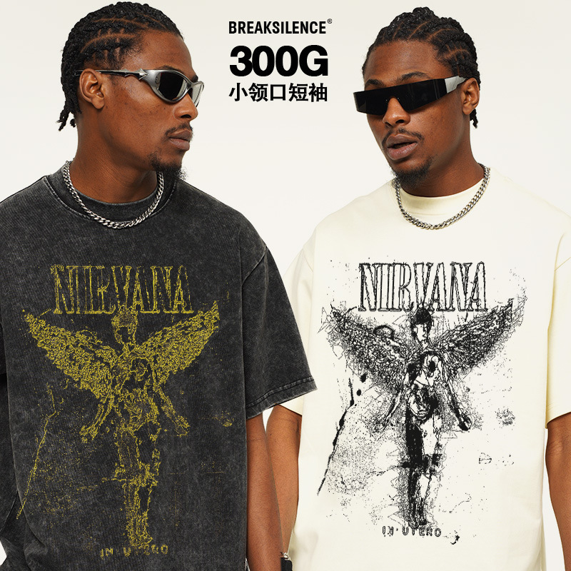2025 Spring and Summer New NIRVANA Broken Angel Washed Old Printed vintage Short-sleeved T-shirt Heavy Trendy 2025 Spring and Summer New NIRVANA Broken Angel Washed Old Printed vintage Short-sleeved T-shirt Heavy Trendy