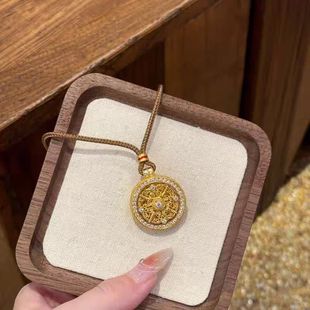 Vietnamese Sand Gold Rotating Compass Pendant for Women, Chinese Style Versatile Fortune-Turning Eight-Treasure Disc Pendant Sweater Chain