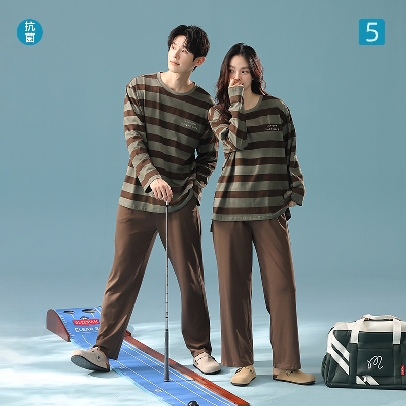 [Antibacterial Xinjiang Cotton] New Autumn Style Long-Sleeved Couple Pajamas Set, Pure Cotton Striped Home Wear Set