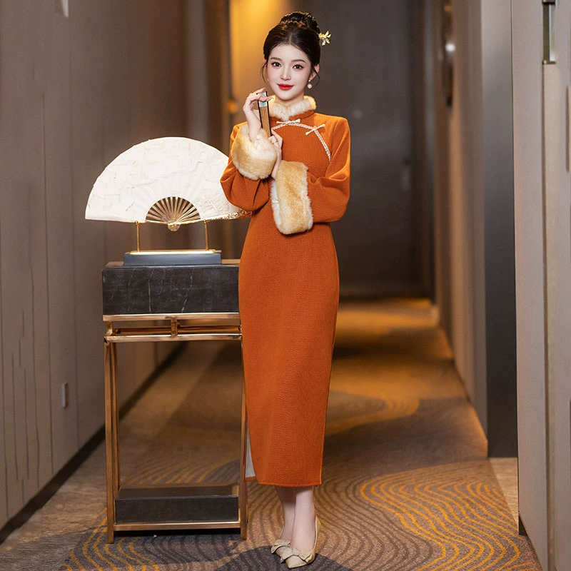 Пуховик, длинный, лёгкий, чонсам, ретро, с длинными рукавами, увеличенной толщины, в китайском стиле.
