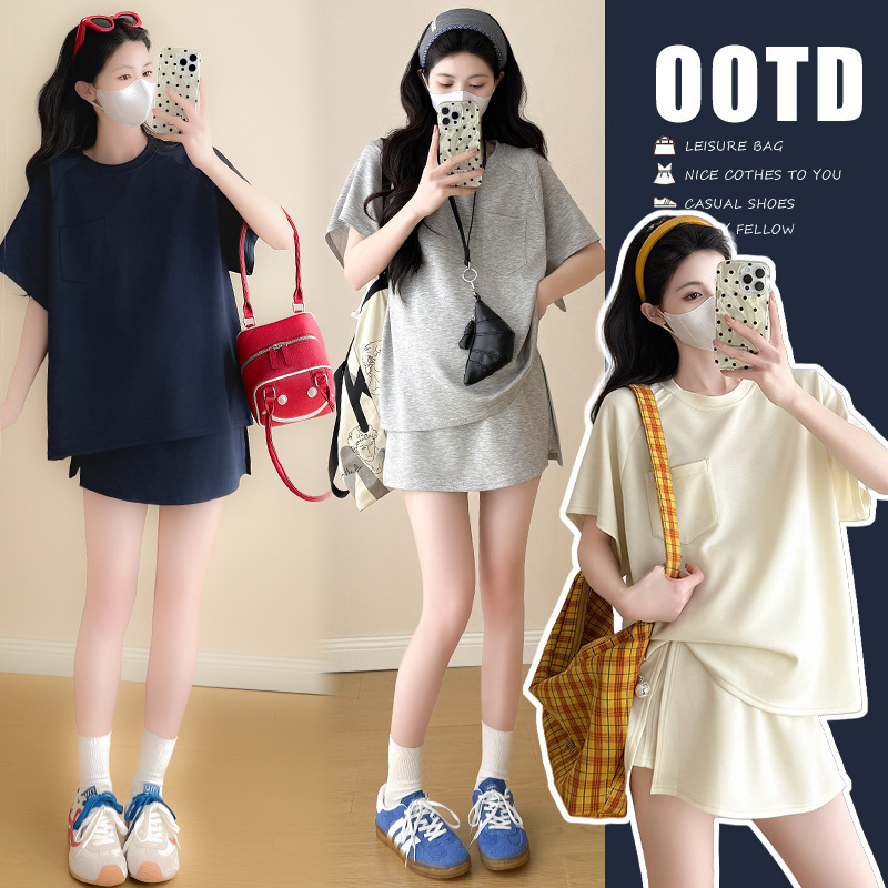 Pregnant Women's Summer Dress Korean Sports suit Summer Two-piece Simple Short-sleeved Top Summer Pregnant Short Skirt Trendy Mom