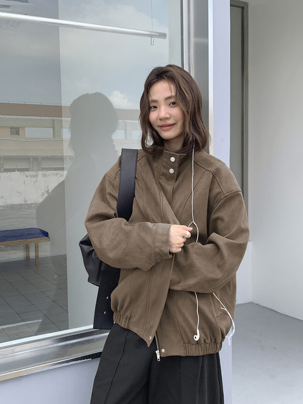 广州十三行2025秋翻领麂皮复古皮夹克休闲百搭设计感皮衣女02809|undefined