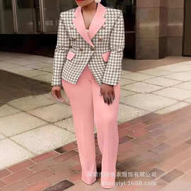 亚马逊跨境欧美气质通勤新款大码装女装西装外套休闲裤套装两件套