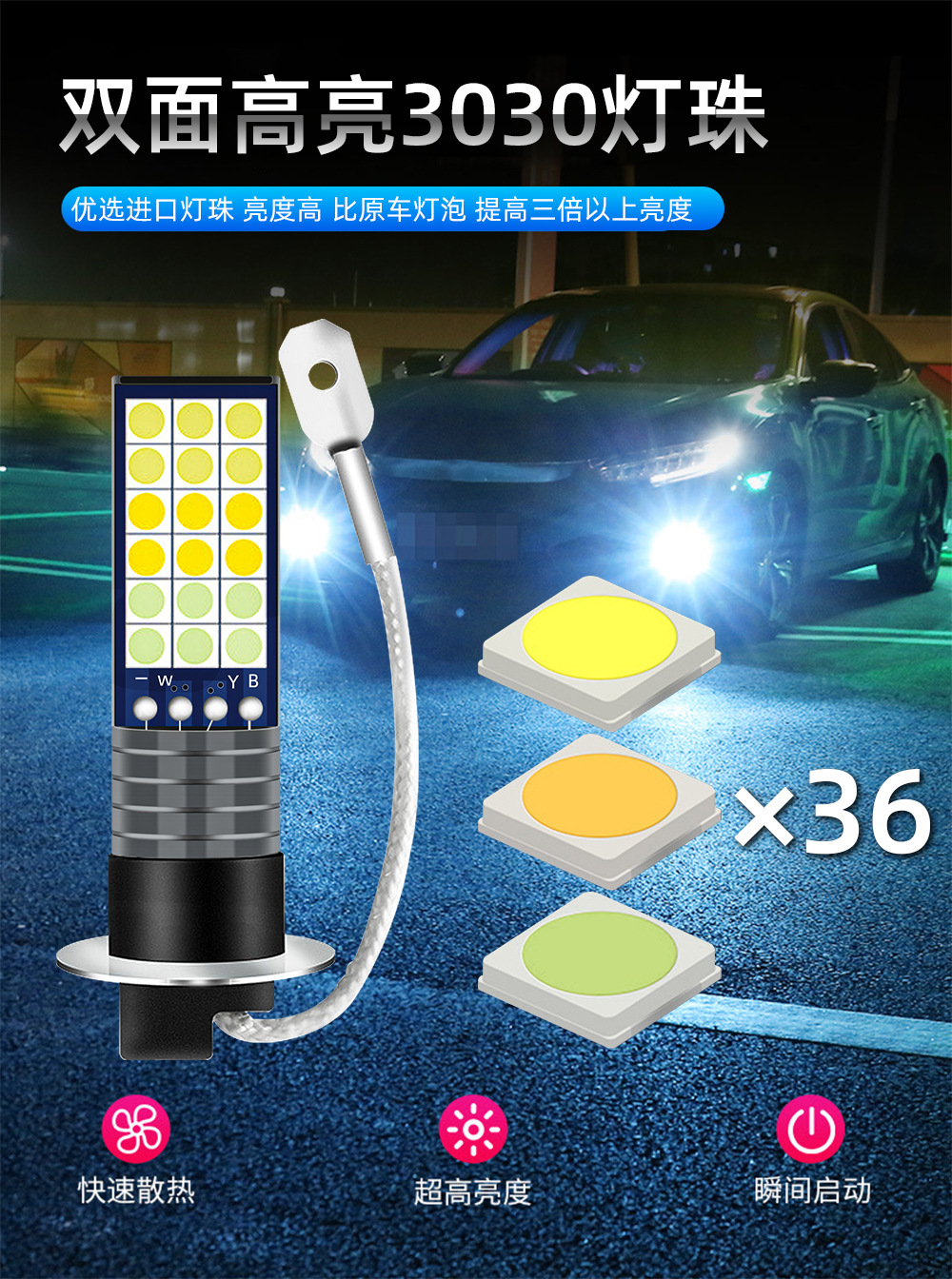 Cross-Border Automotive Led Fog Lights, Headlights, High-Brightness White, Yellow, Ice Blue Three-Color 36 Lights 3030 H1 H3 Modified Fog Lights