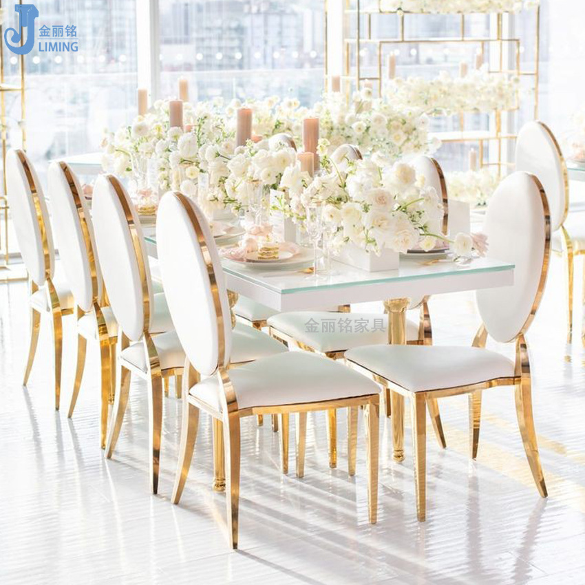 Silla de comedor de acero inoxidable de oro al por mayor sala de estar silla trasera Hotel sala de banquetes Silla de boda de acero inoxidable Silla de espalda redonda