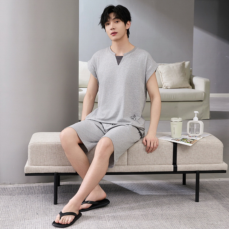 Pijamas Chaleco para hombre Verano sin mangas Pantalones cortos para hombre Simple Adolescente Verano fresco Cool Algodón Conjunto de ropa para el hogar