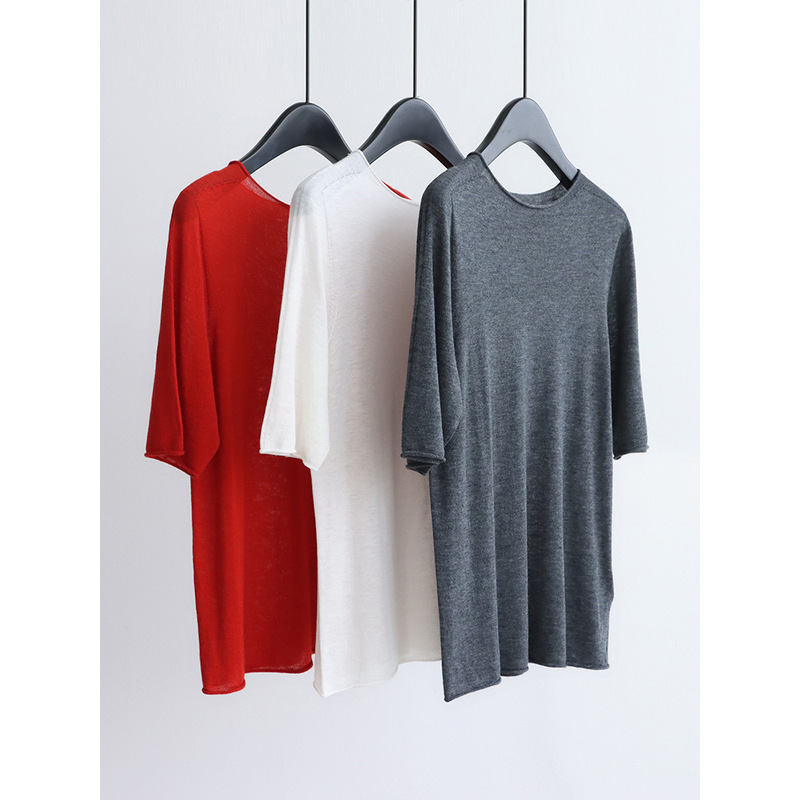 Seamless one-piece casual rolled-edge round-neck knit sweater made of fine wool, loose-fitting, mid-length pullover, suitable for early autumn