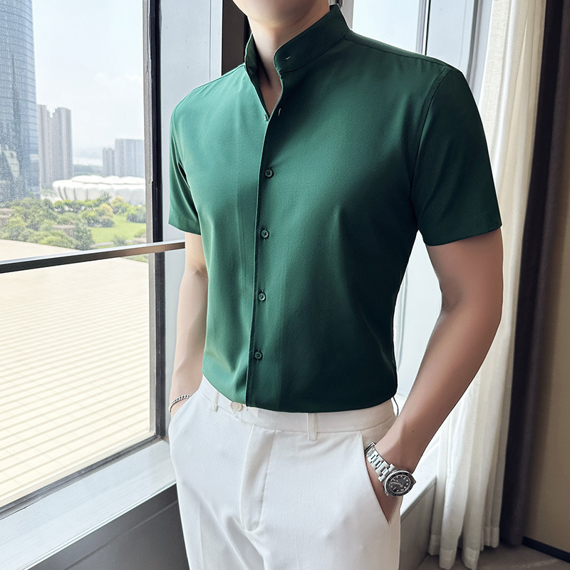 Tiktok actualizado verano nuevos hombres camisa de manga corta de moda coreana juventud tapeta oscura pequeño collar de pie camisa casual