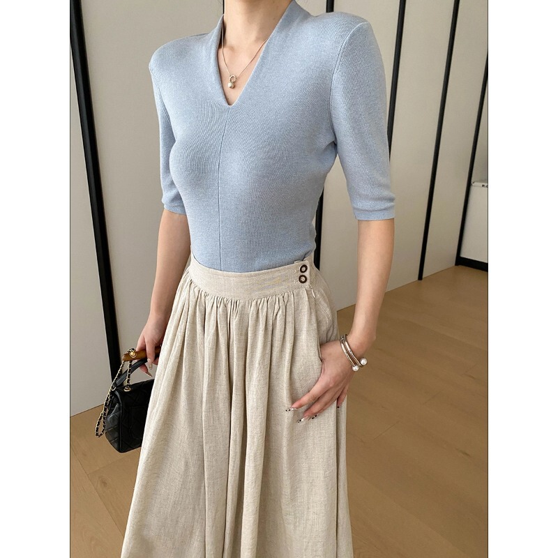 Sinnan French-Style High-End Ultra-Fine Wool Blend V-Neck Slim-Fit Slimming Five-Quarter Sleeve Knit Sweater Sn8701
