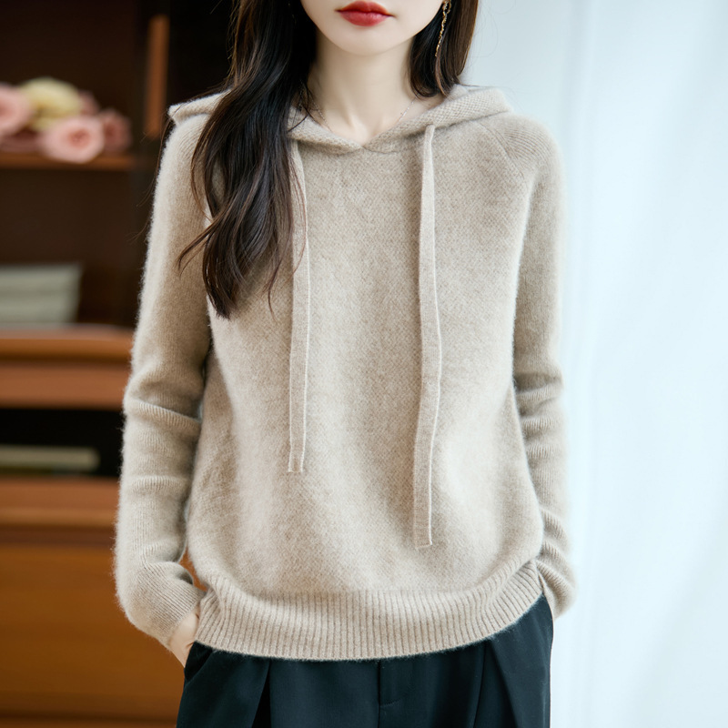 Cross-Border 2025 Autumn and Winter Thickeneded 100 Wool Knitted Women's Pure Color Pullover Sweater Bottoming Hoodie Loose Outer Wear