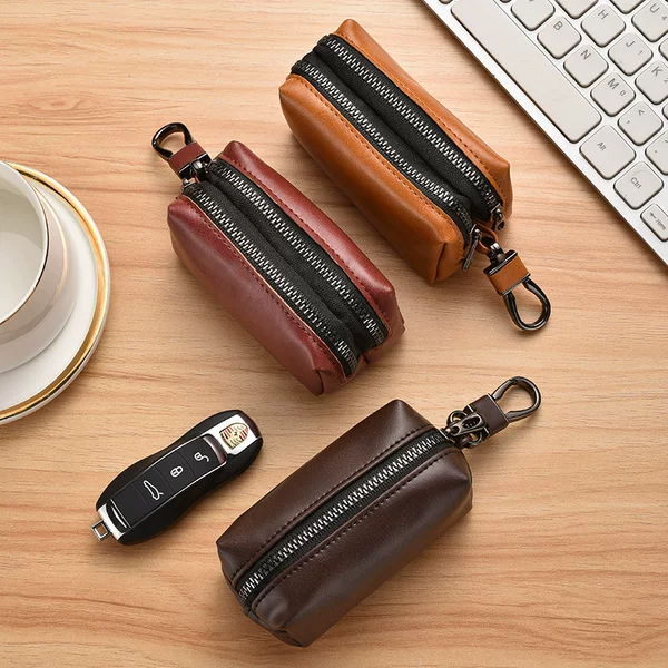 Multifunctional Leather Key Case with Zipper, Large Capacity for Car Keys, Waist Hanging Storage, Universal New Model, Double Layer