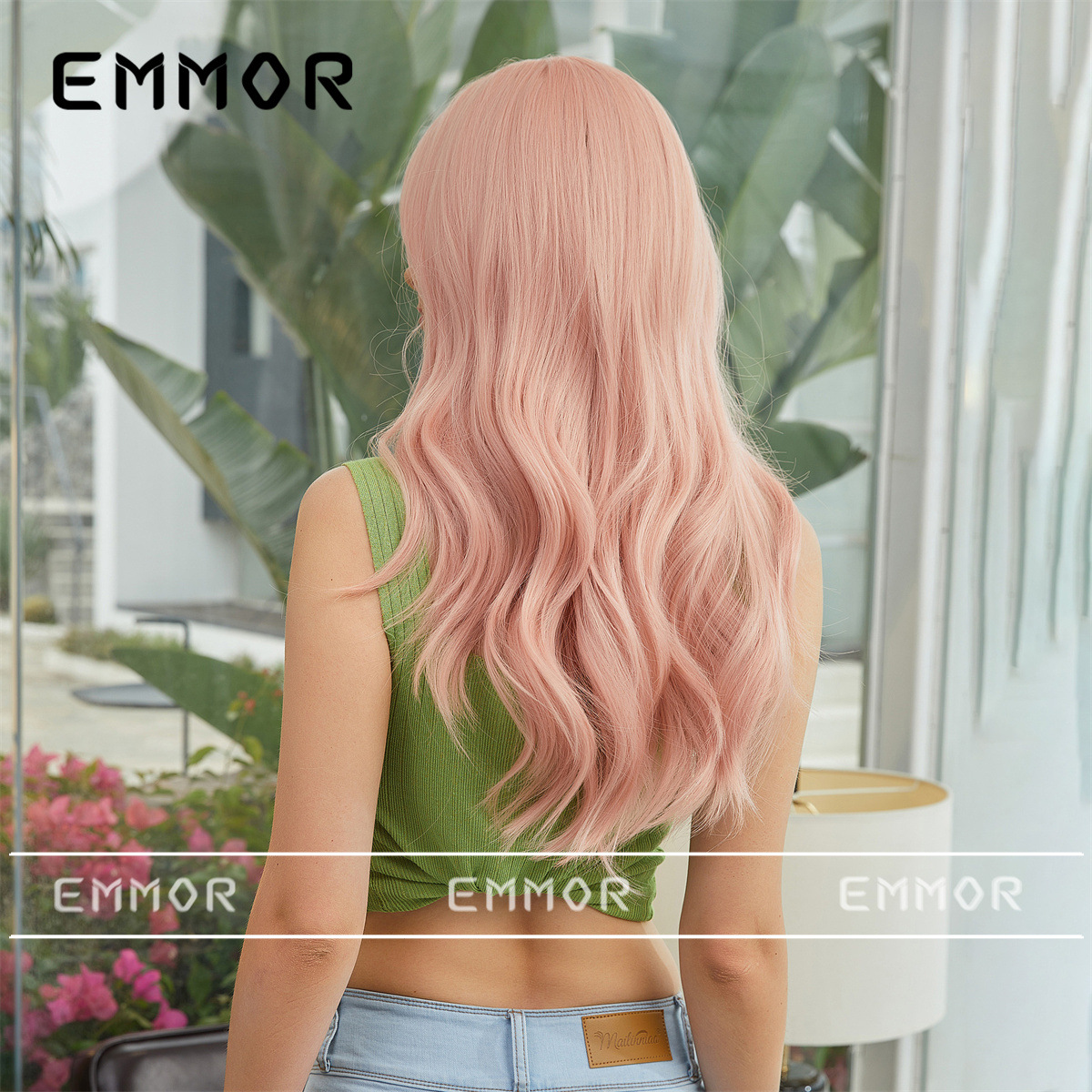 Emmor Internet celebridad pomelo rosa femenina grupo pelo Color peluca hembra recta Bangs largo pelo rizado natural alta temperatura resistente cubierta de la cabeza completa