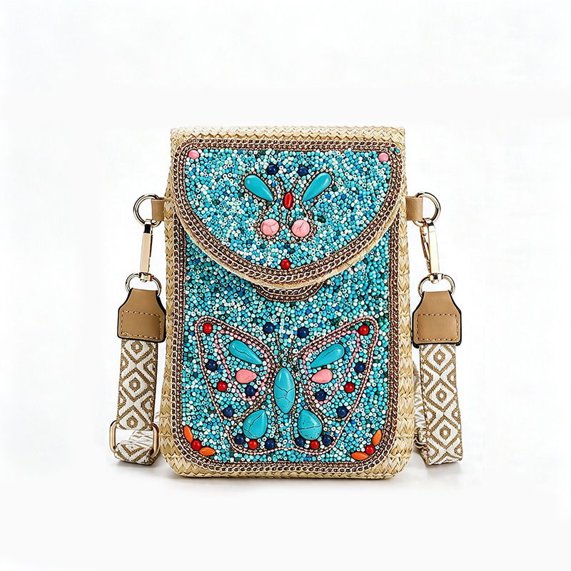 Cross-border Bohemian women's mobile phone bag, high-end straw crossbody bag, European and American style beaded shoulder crossbody bag Cross-border Bohemian women's mobile phone bag, high-end straw crossbody bag, European and American style beaded shoulder crossbody bag