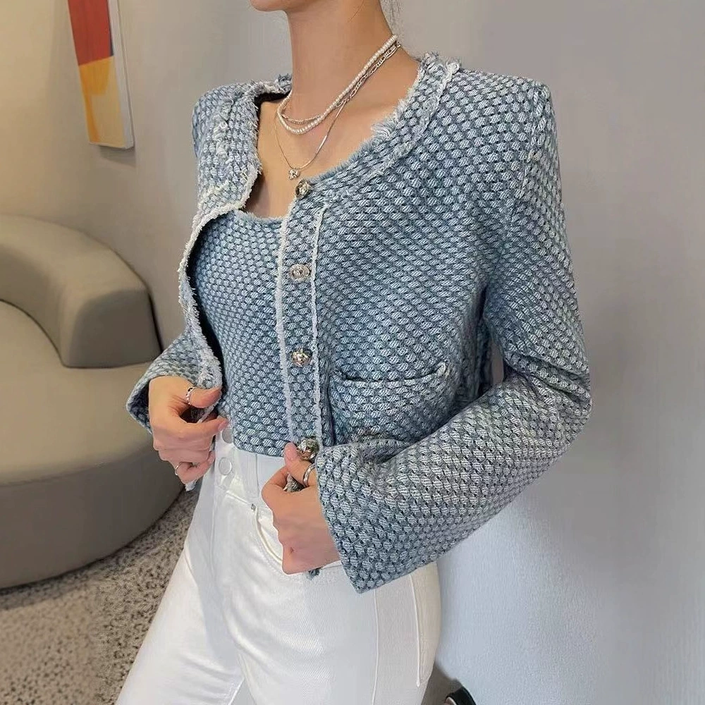 Демисезонная модная куртка, джинсовая юбка, кардиган, стиль Chanel