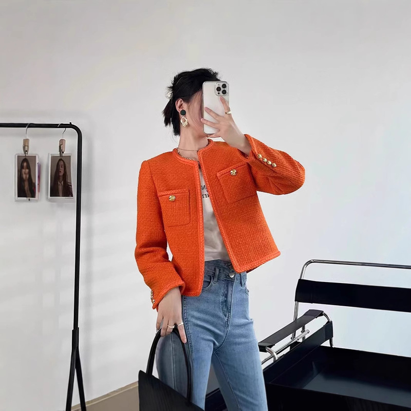 Spring and Autumn New French Style Fragrant Style Socialite Short Fashionable All-Match Woolen Coat Woolen Tweed Crewneck Cardigan