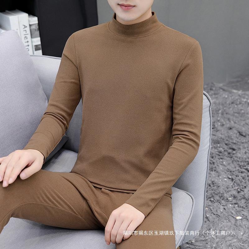 fleece-lined Thickened Thermal Underwear Men's Half-High Collar Slim-Fit Autumn Clothes Autumn Trousers suit Mid-Collar Thin Fleece Bottoming Shirt Set