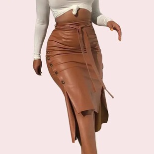 D 41028 Split Bodycon Midi PU Skirt �����_��Ƥȹ �W���羳��
