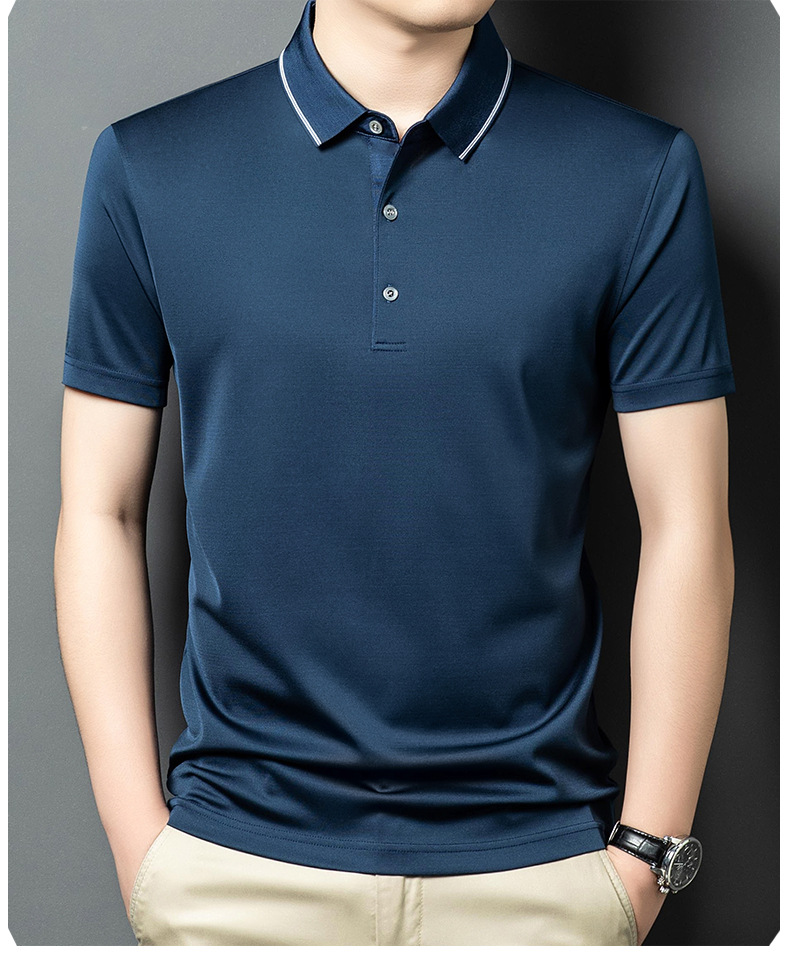 Áo polo nam tay ngắn lụa tơ tằm 100% dáng rộng phong cách công sở — Kẹp màu xanh 25013 chi tiết 11
