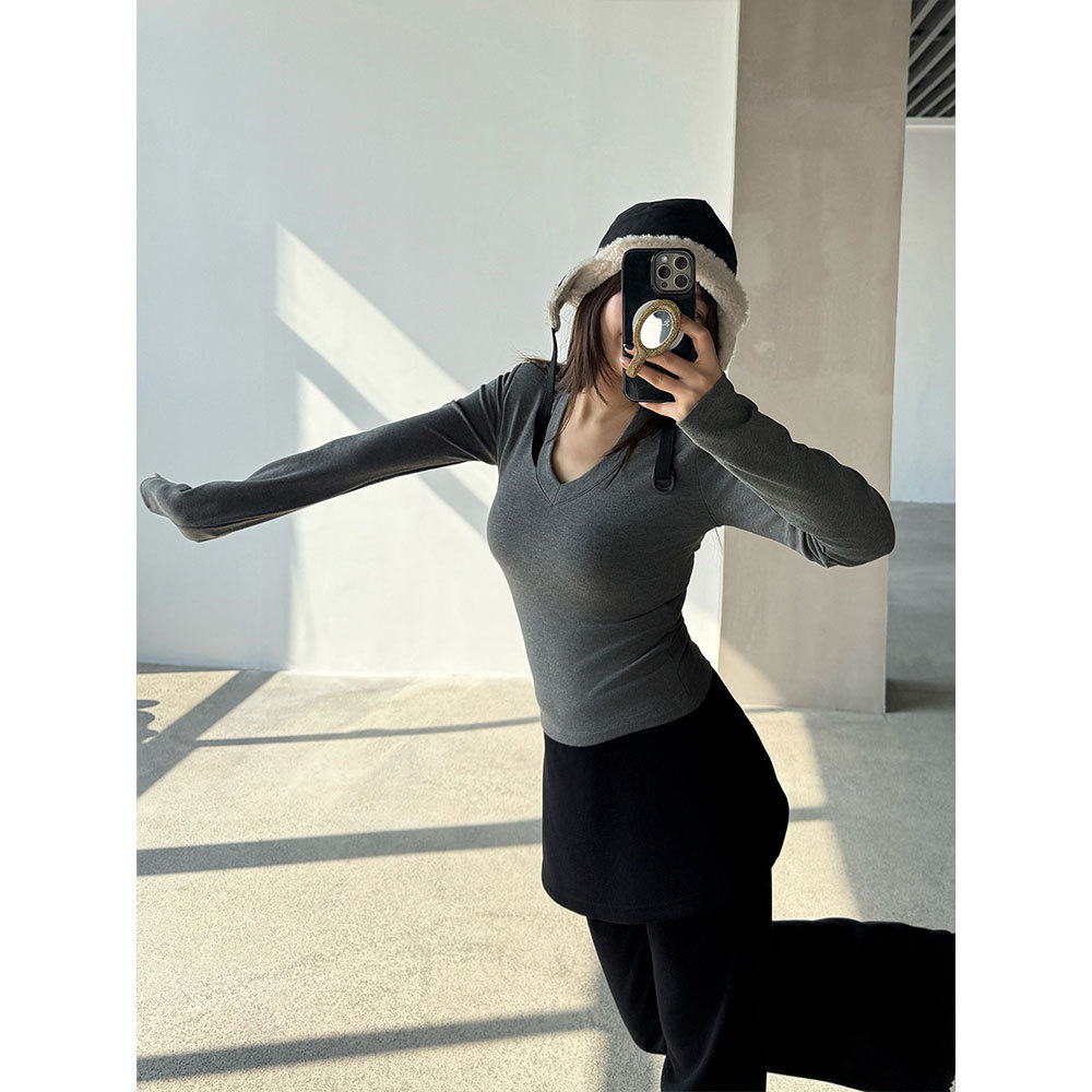 【王琪芝】薄绒垫肩V领长袖打底衫女冬修身保暖内衣T恤上衣WQ115