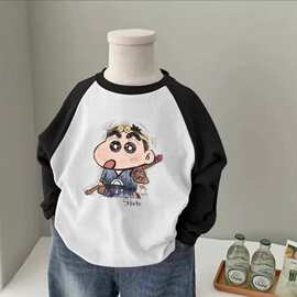 男童新款T恤宝宝撞色拼接内搭长袖卡通中大童春秋纯棉打底上衣潮