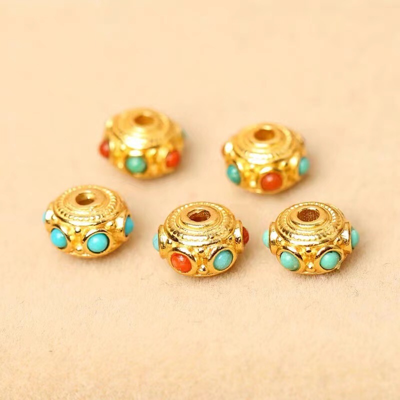 Nepalese Old Gold-Plated 24K Gold Inlaid Green Mineral Dragonfly Eye Transfer Beads DIY Bracelet Accessories Wholesale