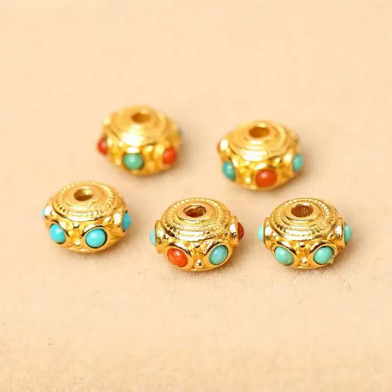 尼泊尔老金铜镀24K金镶嵌绿松石蜻蜓眼转运隔珠diy手串配件批发